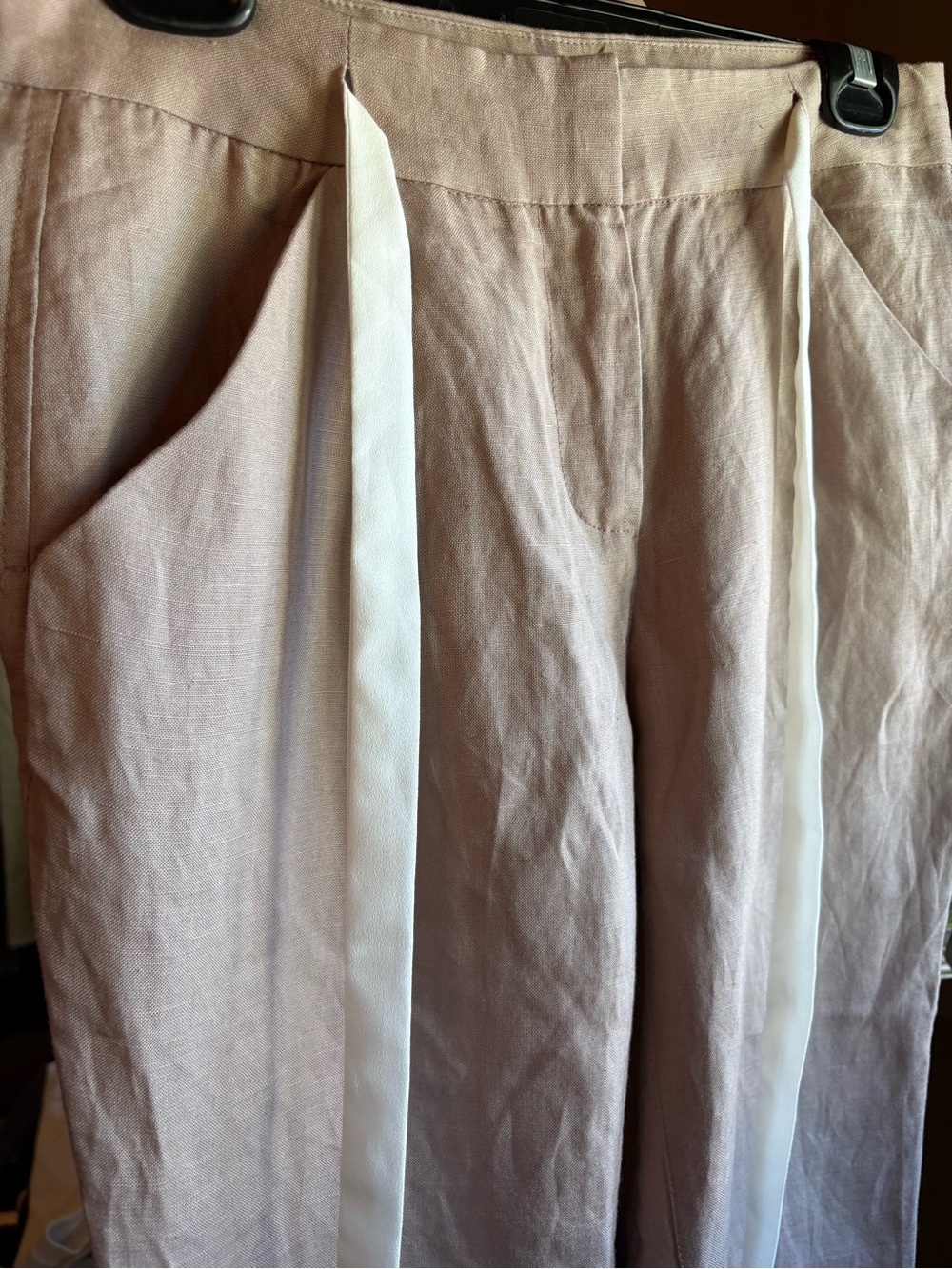 Black Tape Cropped Drawstring Linen-Blend Pants in Pinky-Taupe - Picture 10 of 12